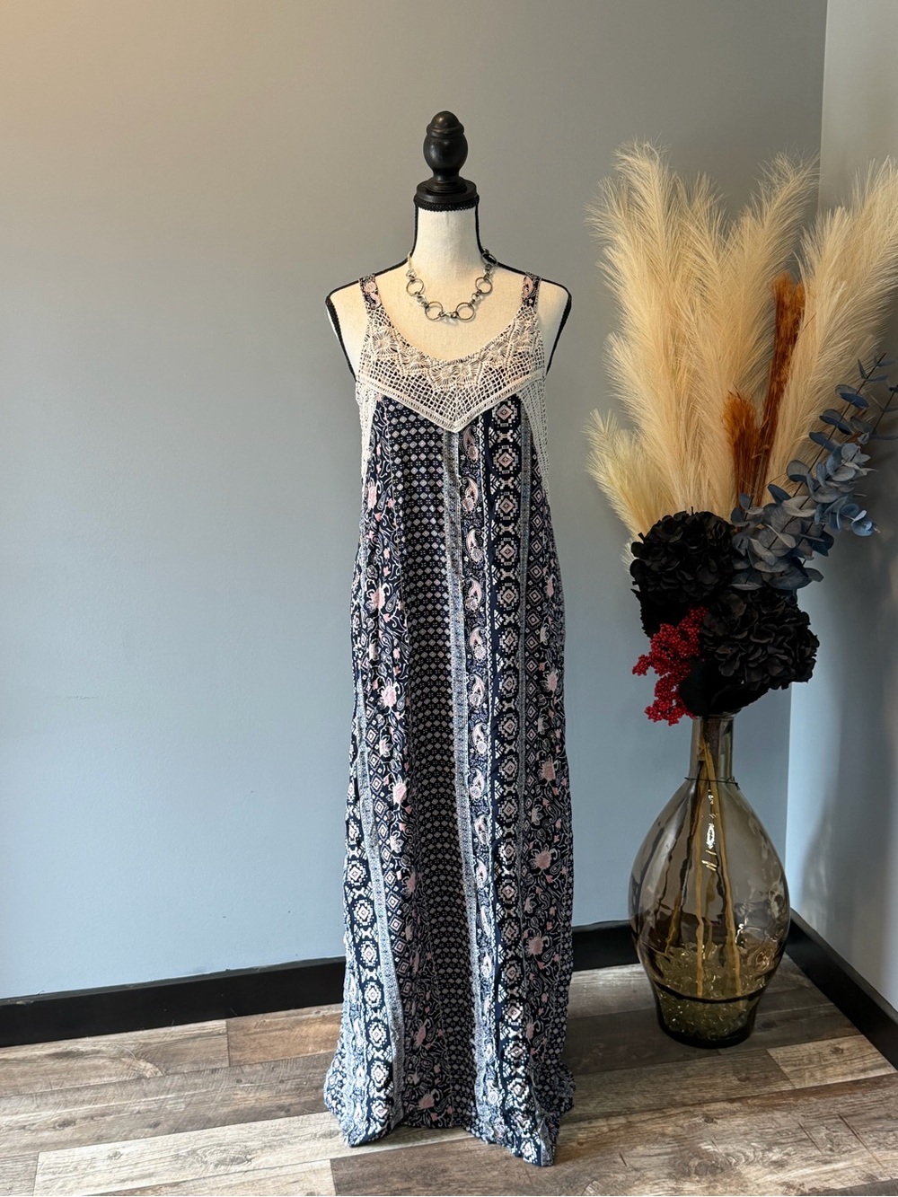 Madeline Navy & Pink Patterned Lace-Trim Maxi Dress